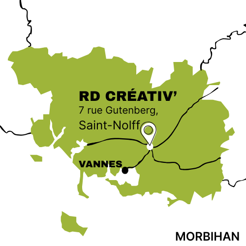 Localisation de RD CREATIV dans le Morbihan 56– Carte illustrée Carte illustrée de localisation de RD CREATIV à Saint-Nolff, Morbihan, Bretagne Sud